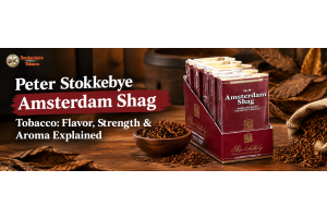Peter Stokkebye Amsterdam Shag Tobacco featuring its flavor, strength, and aroma characteristics.