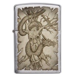 Zippo Brushed Chrome Dragon and Tree Design