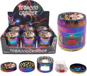 GR183 - 63mm 4 Parts Rainbow Colored Grinder with Stash Drawer and Fan Design on Top